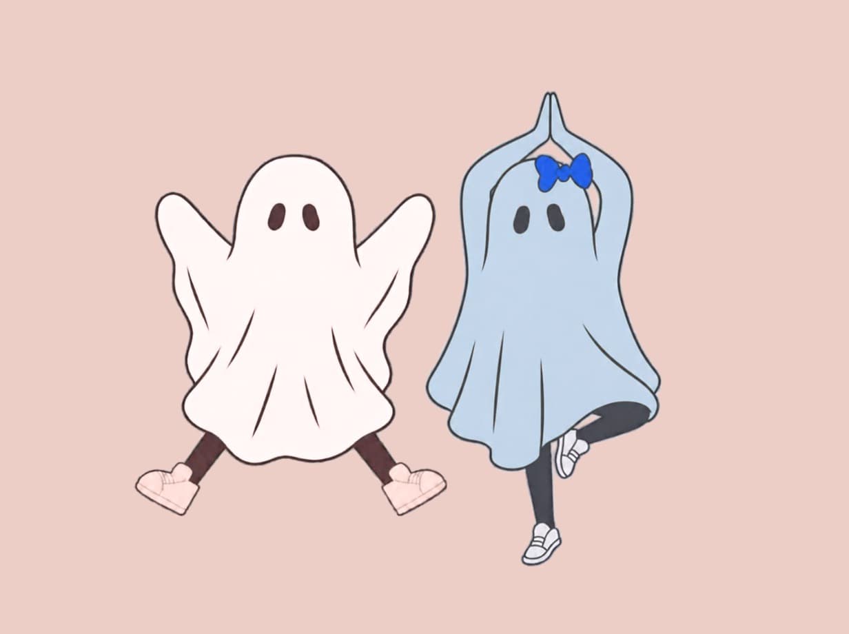 barre3 Mini & Me poster with two costumed ghosts, one mid-jump and one holding a barre pose, on a pink background