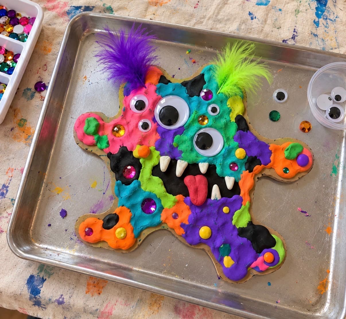 A colorful melted-monster craft covered in clay, googly eyes, gems, and feathers on a tray at Bloom Play Lab